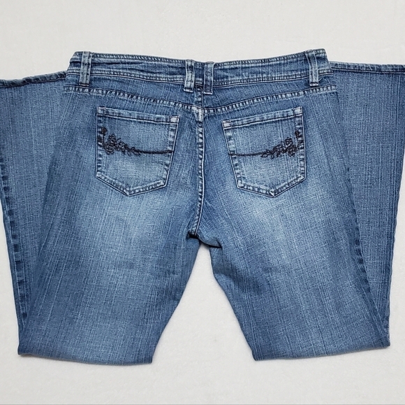 Vintage 90s LEI boho sequin floral embroidered low rise stretchy flared jeans 17 - Picture 9 of 14